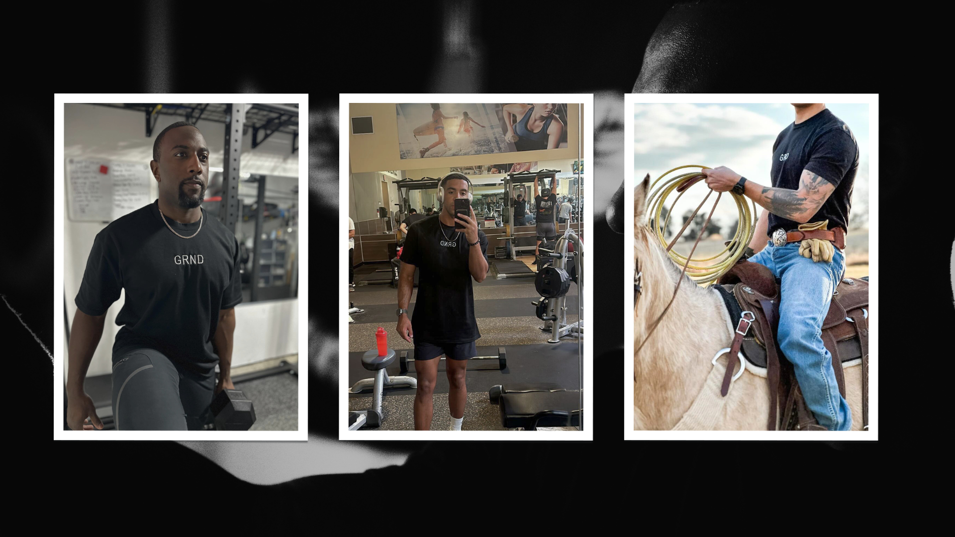 A man works out in a GRND tee, a man takes a selfie at the gym in a GRND tee and a man rides a horse in a GRND tee